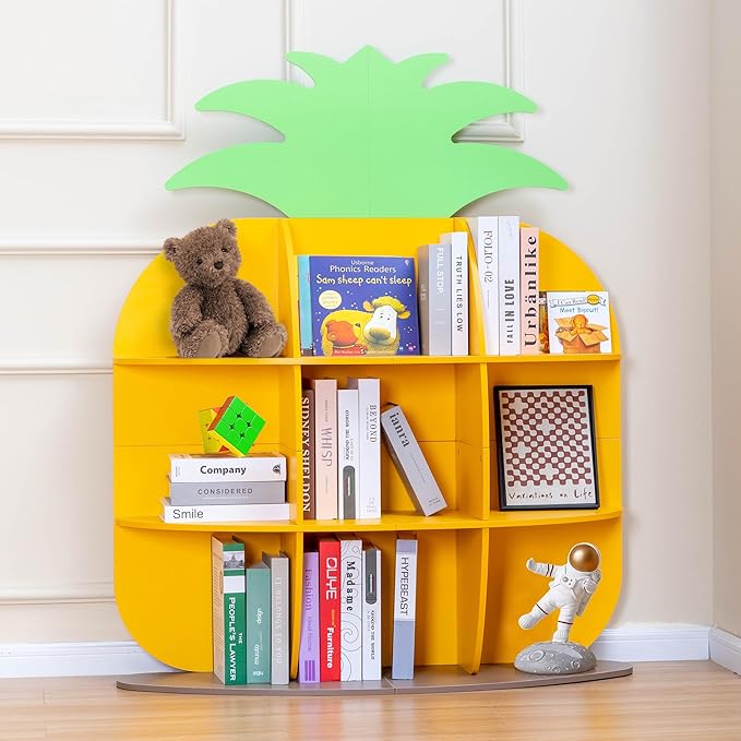 9-Cube Book Shelf and Toy Storage Organizer, Pineapple Shaped Kids Bookcases for Nursery, Playroom, Bedroom, or Classroom