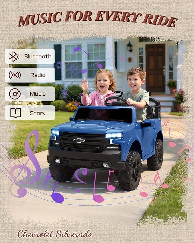 First Ride On 24V 2 Seater Ride on Toys Licensed Chevrolet Silverado, Electric Vehicle with Remote Control and Seat Belts, Electric Ride On Truck wtih Trunk, Bluetooth and LED Lights (Blue)