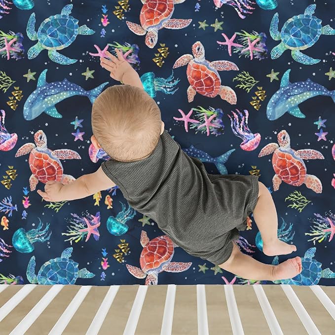 Fantasy Sea Animals Baby Crib Sheets for Boy Girl 28"x52" Turtle Whale Jellyfish Corals Soft Stretchy Fitted Crib Mattress Covers Nautical Marine Baby Sheet for Standard Crib & Toddler Mattress Navy