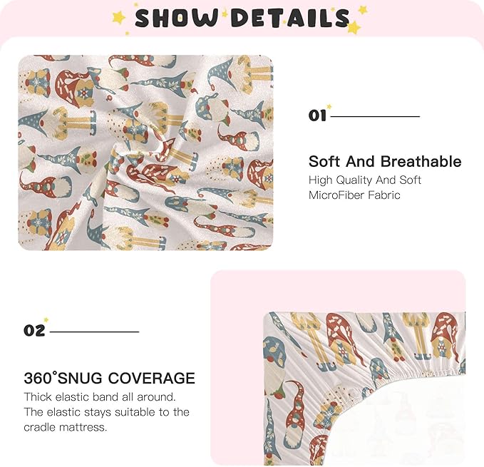 Colorful Gnomes Crib Sheets Soft Breathable Fitted Baby Crib Sheets Mattress Cover for Girl Boys, 52" x 28" x 9"