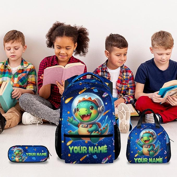 GiftoFLUX Boys Backpack- Personalized Dinosaur Backpacks with Lunch Bag - Custom Bookbag Set for Kids - Toddlers School Bag for Kindergarten/Preschool/Elementary(17 Inch)