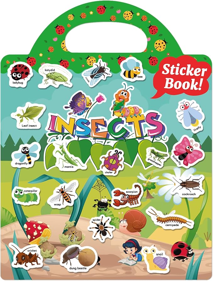 Benresive Reusable Sticker Books for Toddlers, Fun Travel Stickers for Kids, Toddler Sticker Book, Crafts Activities for Toddlers, 3 and Up Birthady Gifts - Insect