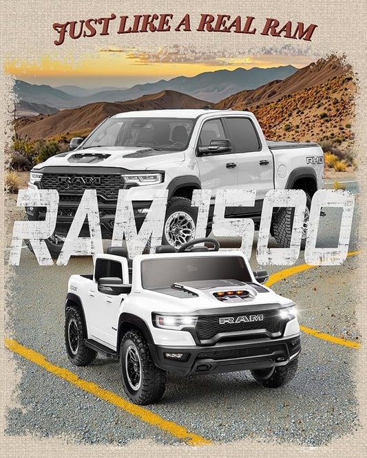 2 Seater Electric Car for Kids, Licensed RAM 1500 RHO 24V Ride on Truck w/Remote Control, Toddler Ride on Toys w/Bluetooth, LED Lights, Spacious Truck Bed, Gear Shifter & Soft Start (White)