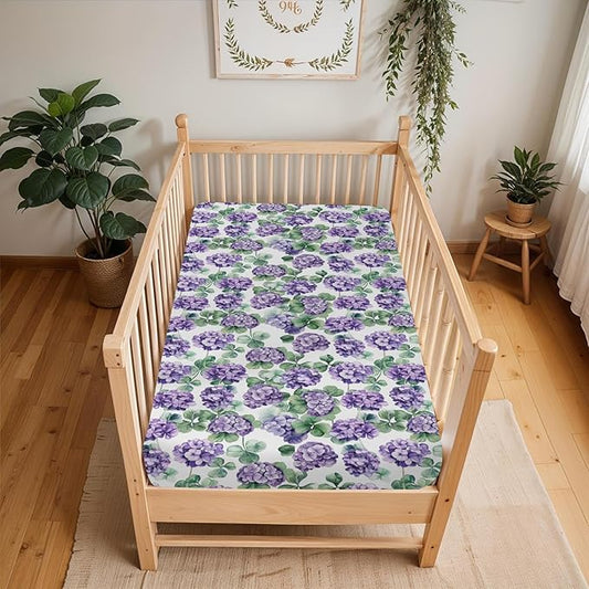 Purple Wildflowers Watercolor Baby Crib Sheets for Boy Girl 28"x52" Retro Hydrangea Floral Leaves Soft Snug Fitted Crib Mattress Cover Spring Garden Baby Sheet for Standard Crib & Toddler Mattress