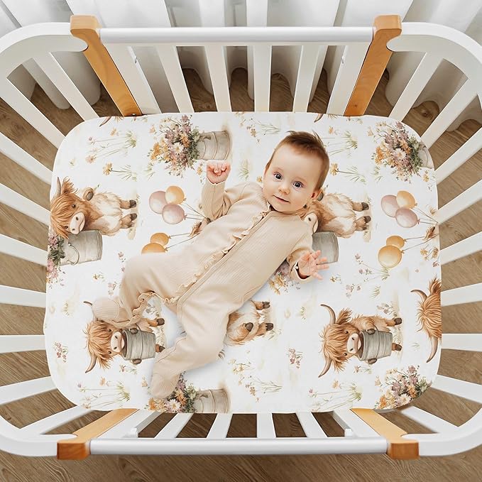 Baby Crib Sheets Fitted Crib Sheet Standard Crib and Toddler Mattress for Boys Girls 39 * 27in Pink Starfish Shell Pattern (Highland Cows Flower Ball Pattern, Small)