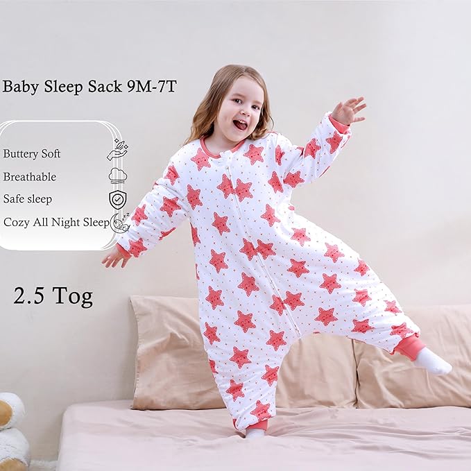 Toddler Sleep Sacks 2.5 TOG Winter Long Sleeve Sleep Sack with Legs 2-Way Zipper Baby Wearable Blanket
