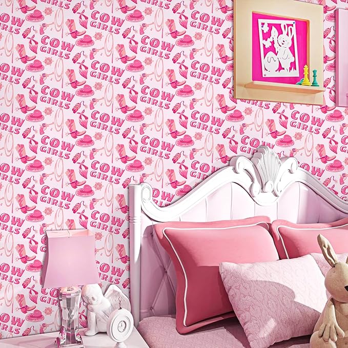 Pink Peel and Stick Wallpaper Cowgirl Contact Paper Staircase Sticker Western Theme Self Adhesive Wall Paper Hat Boots Vinyl Film Disco Cow Print Art Mural for Cabinets Bedroom Drawer 15.7"x62.9"