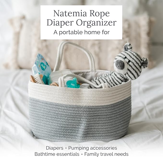 Natemia Diaper Caddy Organizer - Portable Rope Handles & 3 Compartments for Baby Items - Storage Basket for Newborn Essentials - Fits Spectra Breast Pump & Accessories - Registry Must Have (Beige)