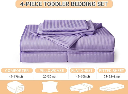 ZPECC Toddler Bedding Set - 4 Piece Hypoallergenic Baby Crib Bedding Set for Boys and Girls, Includes Toddler Comforter, Flat Sheet, Fitted Sheet and Pillowcase, Purple Stripe