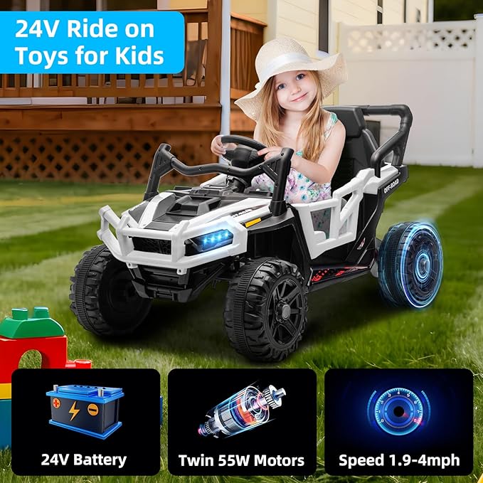 24V Kids Ride on Truck Car Remote Control, Twin 55W Motors 4MPH Max Speed Off-Road UTV, Bluetooth Music, Suspension System Safety Belt, Electric Vehicles Gift for Boys & Girls-White