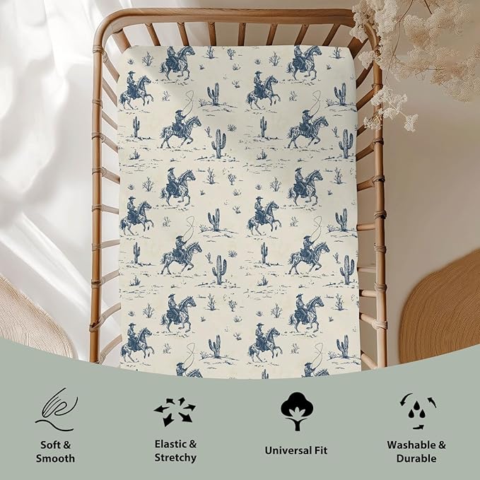 Vintage Western Cowboy Love Baby Crib Sheets for Boy Girl 28"x52" Retro Cowboy Horse Cactus Soft Stretchy Fitted Crib Mattress Cover Wild West Baby Sheet for Standard Crib and Toddler Mattress