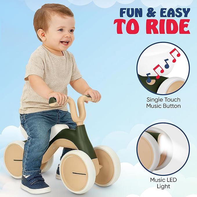 Henry & Colin Baby Balance Bike for Kids - No Pedal 4-Wheel First Bike, Toddler Walker for Boys & Girls, with Stylish Handle, Sturdy & Safe Design for 1-3 Year Olds