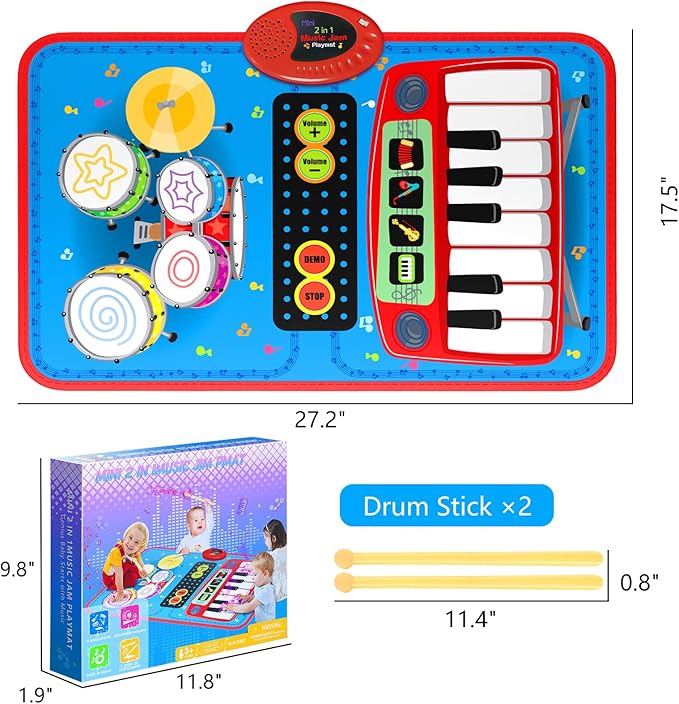2-in-1 Musical Mat Toys for 1 2 3 4 5 Year Old, Piano Keyboard & Drum Set with 2 Drum Sticks, Early Educational Musical Learning Toys Birthday for 1 2 3 4 5 Year Old Boys & Girls, Blue