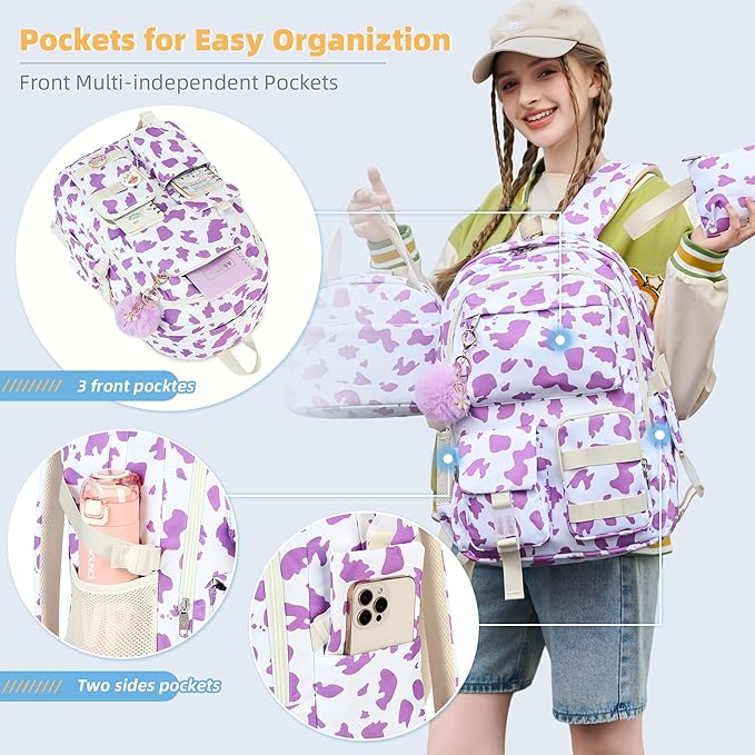 Hidds Backpack for Girls 3 PCS College School Backpacks Kids Bookbag Set with Lunch Box School Bag Daypack Teens Women