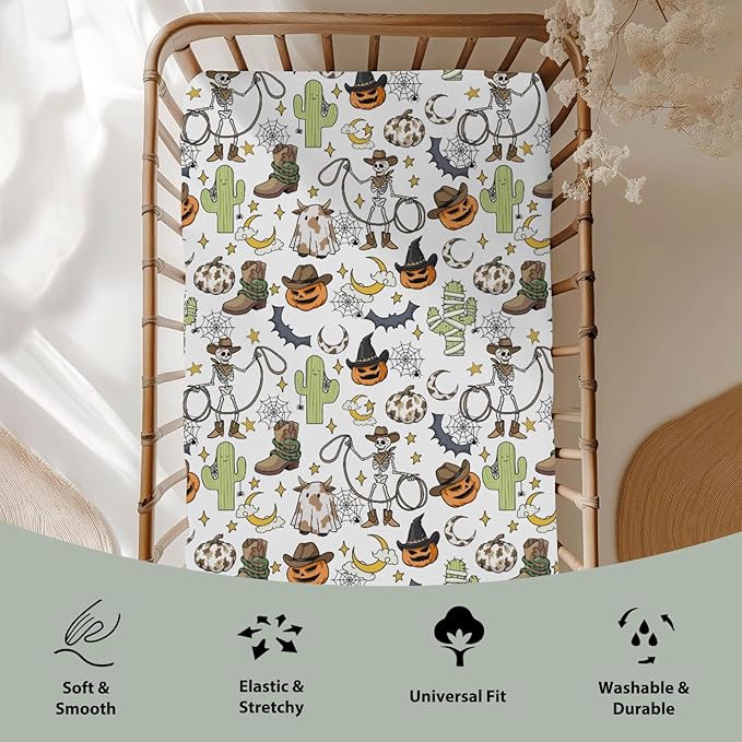 Western Halloween Cowboy Baby Crib Sheets for Boy Girl 52x28Inch Spooky Skeleton Pumpkin Cactus Witch Bats Soft Snug Fitted Crib Mattress Cover Wild West Country Baby Sheet for Crib & Toddler Mattress