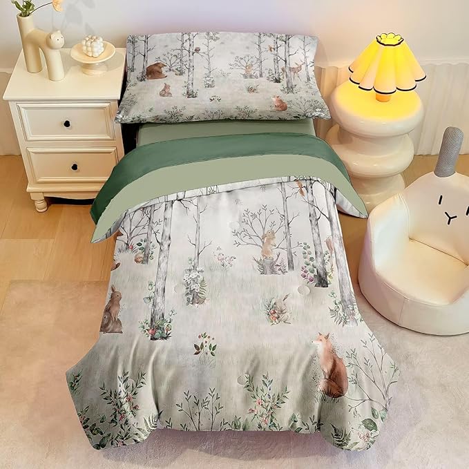 4 Pieces Woodland Animal Toddler Bedding Set for Boys Girls, Forest Animals Comforter Set Bed in a Bag,Toddler Bed Set Includes Comforter, Flat Sheet, Fitted Sheet and Pillowcase