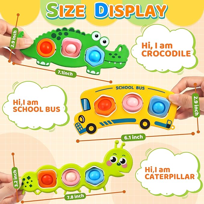 Christmas Stocking Stuffer 3PC Fidget Popper Sensory Toys for Toddlers Girls, Boys Gifts Goodie Bags Airplane Travel Activities Pop it Fidget Toys Valentine Day for 12+ Month Babies 1 2 3 Year Old