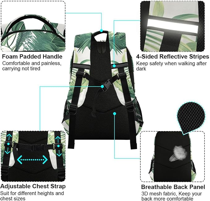 MNSRUU Laptop Backpack with Chest Strap, Monstera Pattern School Backpack, Travel Hiking Bag for Boys Girls Teen College Adult, Rucksack Knapsack