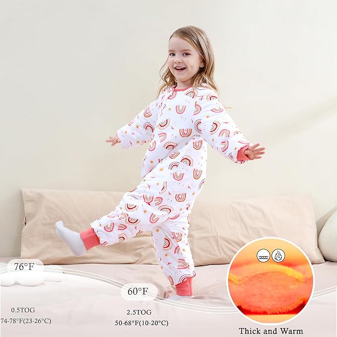 Toddler Sleep Sacks 2.5 TOG Winter Long Sleeve Sleep Sack with Legs 2-Way Zipper Baby Wearable Blanket