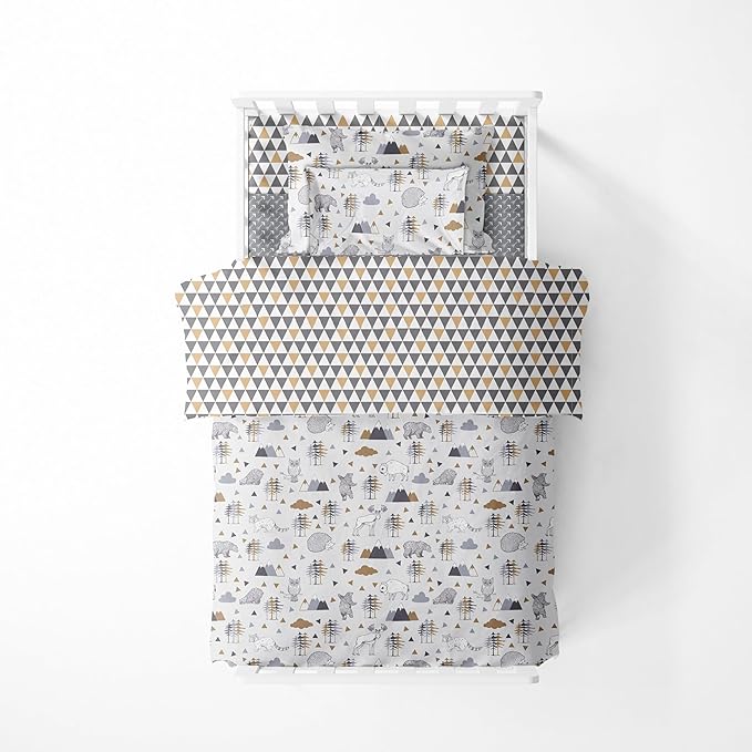 Bacati Woodlands Grey/Beige Neutral Cotton 4 Pc Toddler Bedding Set, Beige/Grey