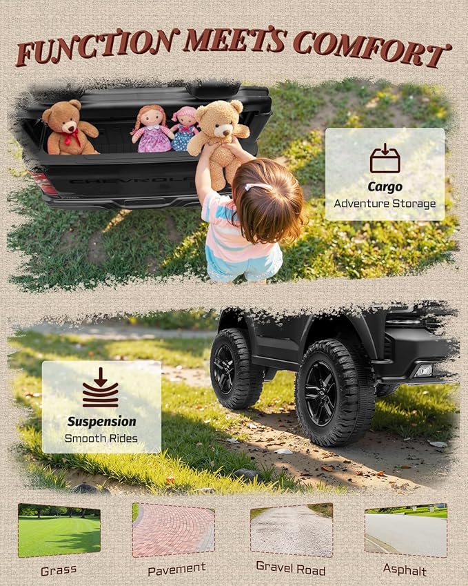 First Ride On 24V 2 Seater Ride on Toys Licensed Chevrolet Silverado, Electric Vehicle with Remote Control and Seat Belts, Electric Ride On Truck wtih Trunk, Bluetooth and LED Lights (Black)