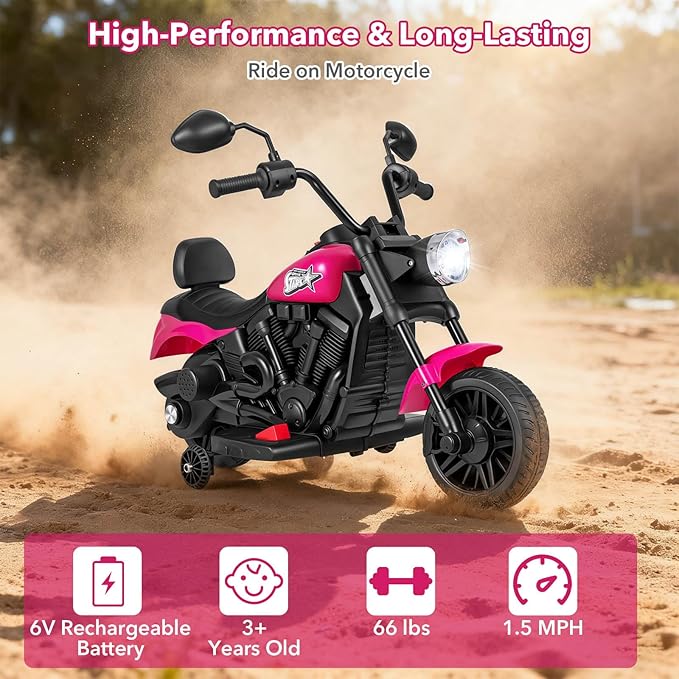 HONEY JOY Toddler Motorcycle, 6V Battery Powered Electric Motorcycle for Kids, Detachable Training Wheels, Music, Foot Pedal, Headlights, Forward/Backward, 3-Wheel Ride On Toy for Boys Girls (Pink)