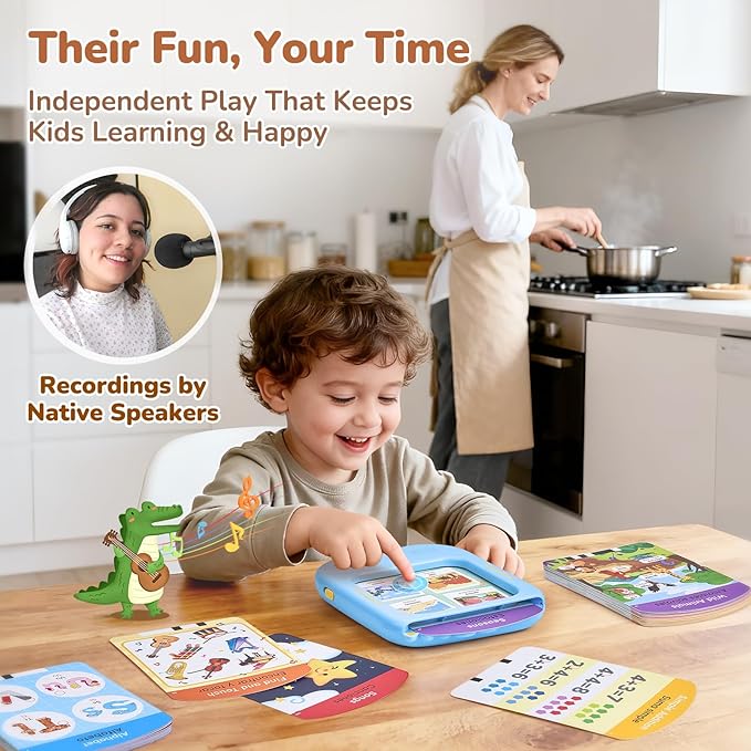 JoyCat Bilingual Kids Learning Tablet, 106 Pages Talking Cards with 20 Interactive Games, Montessori Toy for Alphabet, Words, Simple Math, Colors & Songs, Toddler Learning Toys for 2-6 Year Old Gifts