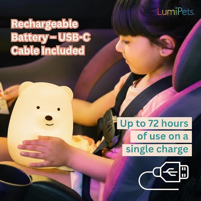 Lumipets Benny The Bear Squishy Silicone Night Light for Kids | Cute Night Light with Remote & Touch Control for Girls & Boys | 9 Color Changing Soft Portable Animal Lamp Comes with USB Cord