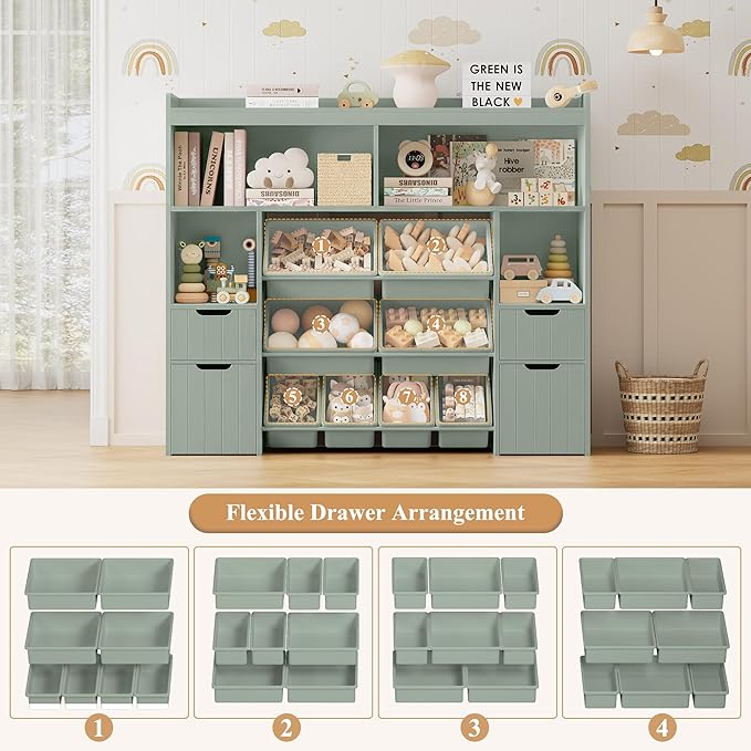 HORSTORS 55" W Toy Storage Organizer with Drawers, Large Kids Toy Storage Box with Removable Bins, Tall Kids Bookshelf and Bookcase for Boys and Girls, Modern Toy Chest for Playroom, Classroom, Green