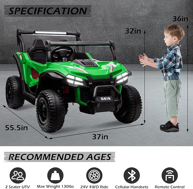 MOLACHI 24V Kids Ride on UTV Car,4WD Battery Powered Electric Vehicle for Kid, 2 Seater Ride On Truck with Remote Control,Safety Belts,3 Speeds,Bluetooth (Green)