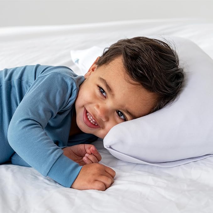 Dreamland Baby Premium Toddler Pillow and Grey Star Pillowcase, 13 x 18. Machine Washable, Ergonomic Kids Pillow + Ultra Soft Viscose Pillowcase. Mom-Owned US Business, Premium Materials