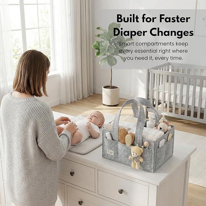 PeraBella Diaper Caddy Organizer with Handle, Baby Shower Gifts Basket Bag, Registry Search Must Haves Items, Nursery Storage Organizer for Newborn Girl Boy, Baby Bag Essentials, Car Diaper Caddy Cart