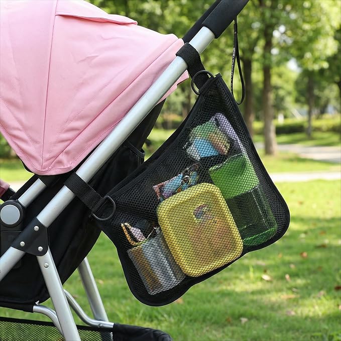 WJIAAA 2 Pack Side Sling Stroller Organizer, Universal Portable Side Sling Stroller with Mesh Cargo Net, Black Adjustable Mesh Storage Bag with Non-Slip Straps for Extra Cargo Space