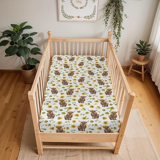 Highland Cow Sunflowers Baby Crib Sheets for Boy Girl 52"x28" Highland Cattle Yak Floral Soft Snug Fitted Crib Mattress Cover Farmland Animal Baby Sheet for Standard Crib & Toddler Bed Mattress