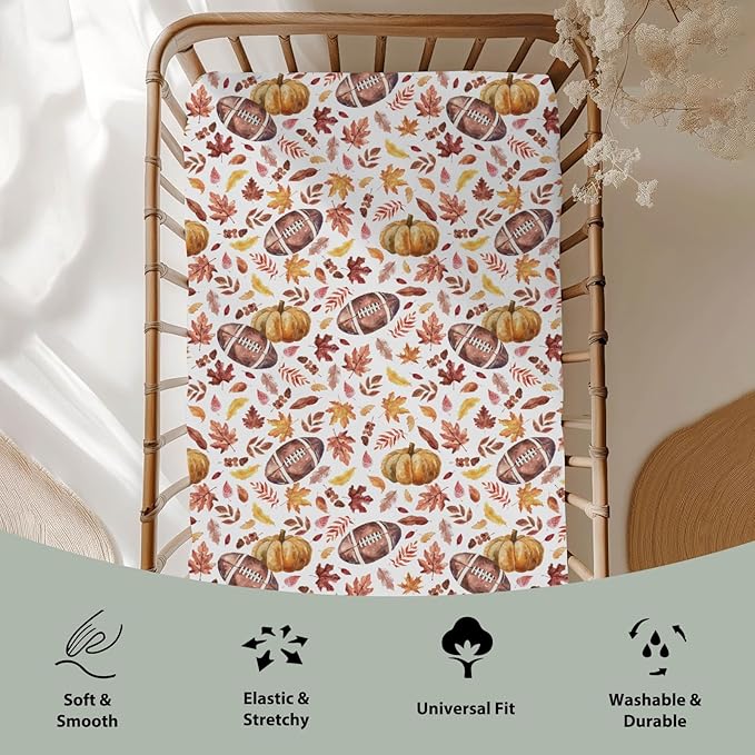 Autumn Football Pumpkin Leaves Baby Crib Sheets for Boy Girl 52"x28" Fall American Football Maple Soft Snug Fitted Crib Mattress Cover Thanksgiving Sports Baby Sheet for Crib & Toddler Bed Mattress