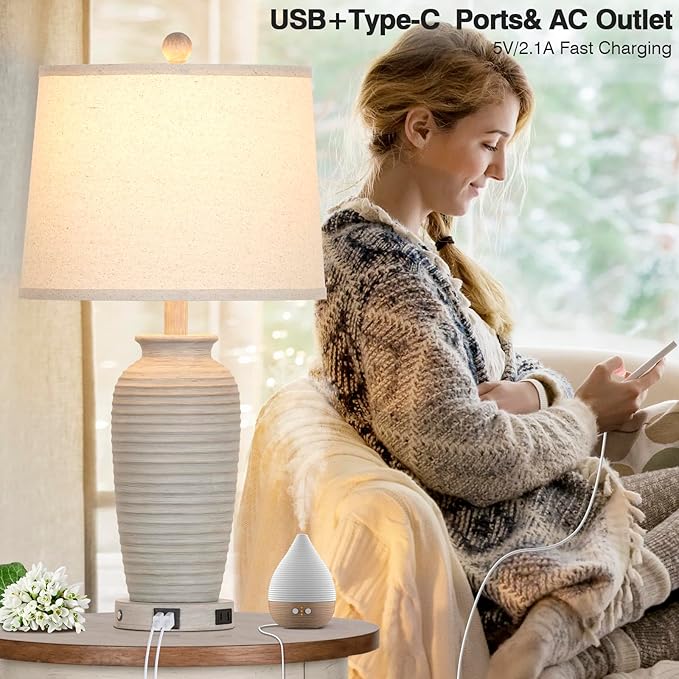 CINSARY 25" Farmhouse Jar Table Lamps Set of 2, 3 Way Touch Control Rustic Bedside Lamps with USB A+C Ports & AC Outlet, Pot Nightstand Lamps for Bedroom Living Room (LED Bulbs Included)