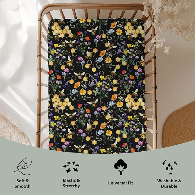 Boho Wildflower Bees Honeycomb Baby Crib Sheets for Boy Girl 52x28Inch Watercolor Honeybee Floral Soft Snug Fitted Crib Mattress Cover Summer Baby Sheet for Standard Crib and Toddler Bed Mattress