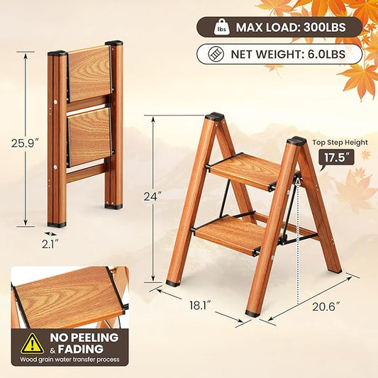 GameGem 2 Step Ladder, Folding Step Stool with Anti-Slip Wide Pedal, Aluminum Material Lightweight Yet Sturdy, 300 Lbs Load, Cute Modern Apperance for Indoor Household Spaces