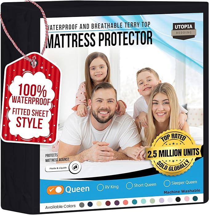 Utopia Bedding Waterproof Mattress Protector Queen Size, Premium 200 GSM Terry Mattress Cover, Soft & Breathable Bed Cover, Fitted Sheet Style with Stretchable Deep Pockets 17" (Black)