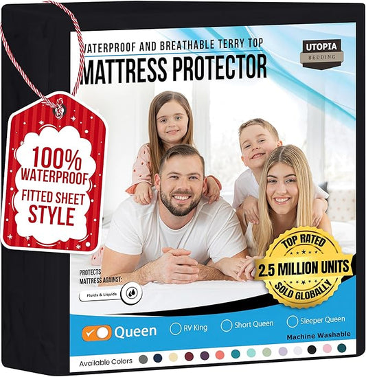 Utopia Bedding Waterproof Mattress Protector Queen Size, Premium 200 GSM Terry Mattress Cover, Soft & Breathable Bed Cover, Fitted Sheet Style with Stretchable Deep Pockets 17" (Black)