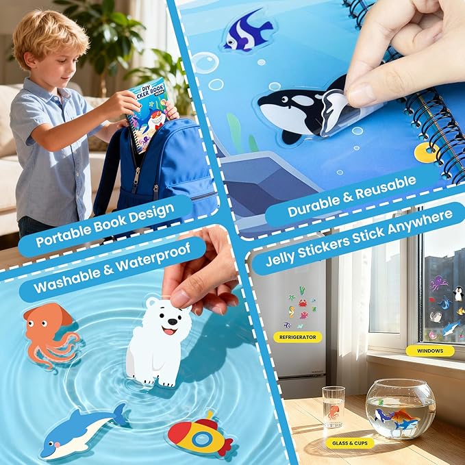 Ocean Reusable Sticker Book for Toddlers, DIY Make-a-face Animals Fun Jelly Stickers, Washable Puffy Stickers for Kids Toys, Airplane Road Trip Travel Activities Essentials for Kids 3 4 5 Years