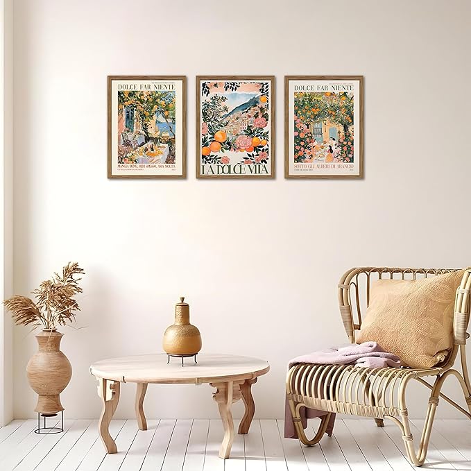 Framed Italian Scenery Wall Art Set of 3, Amalfi Coast Kitchen Wall Art, Vintage City Landscape Canvas Print, Trendy Italian Food Pictures Artwork for Living Room Dining Room – 12x16 inch