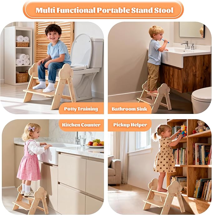 Novarieth Beech Wooden Toddler Step Stool, 2-Step Foldable Stool for Kids with Non-Slip Surface, Baby Bathroom Stool for Potty Training, Bathroom Sink, Kitchen Counter with Cute Cloud Design