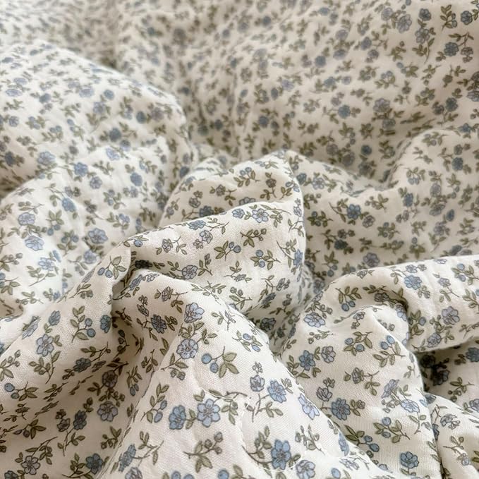 BuLuTu Chic Shabby Floral Girls Boys Duvet Cover Twin Size, Blue Flower Print Kids Duvet Cotton Muslin Soft Breathable Ruffled Quilt Cover Children Bedding, Zipper Closure