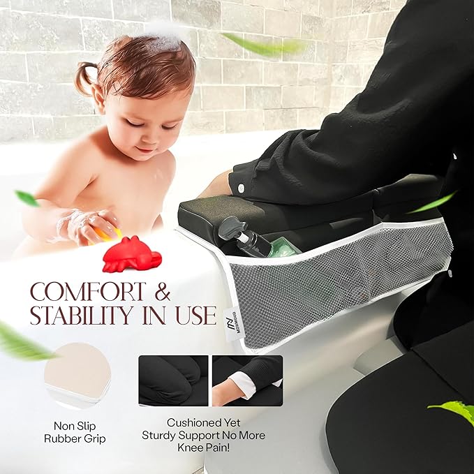 Baby Bath Kneeler & Elbow Rest Pad Set | Extra Thick 1.5” Foam That Relieves Knee & Elbow Pressure | Non-Slip Suction Stability | Machine Washable, Quick-Dry | Brush & Washcloth Gift Included