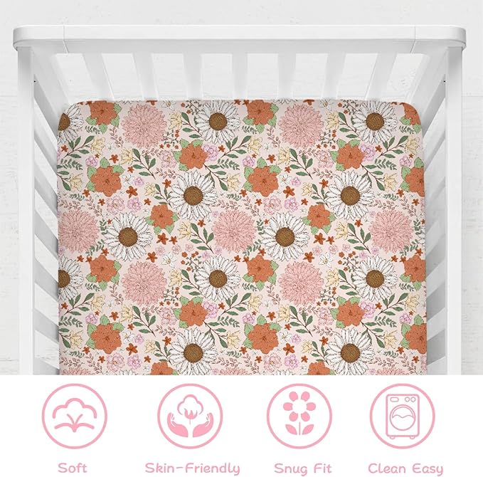 Retro Boho Floral Baby Crib Sheet 52''x28'' Vintage Flowers Stretchy Fitted Crib Mattress Sheet for Boy Girl Wild Flowers Summer Soft Baby Nursery Bed Sheets for Standard Crib and Toddler Mattress