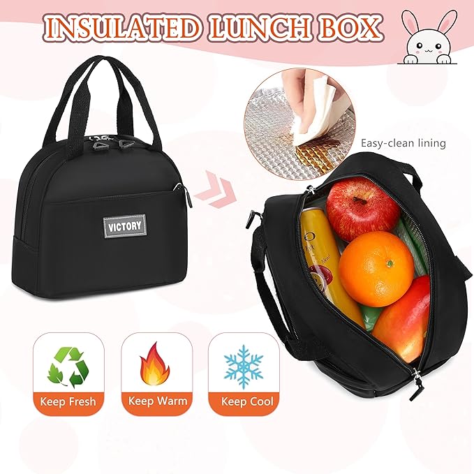 AO ALI VICTORY Backpack for Girls 3 PCS Cute School Backpacks Elementary Kids Book Bag with Lunch Box Pencil Case Set Laptop College Travel Back Pack Large Bookbags for Girl Teens Women Student Black