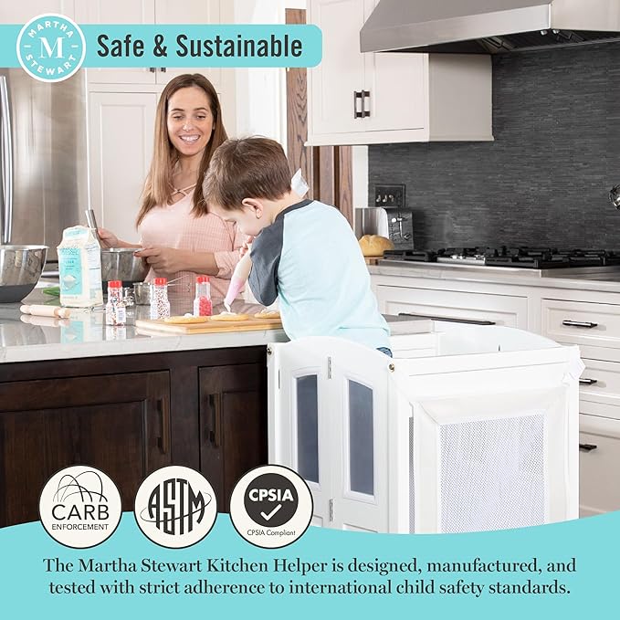 Martha Stewart Kitchen Helper Toddler Tower by Guidecraft - Linen White | Foldable Wooden Learning Toddler Standing Tower & Adjustable Step Stool | Montessori Kids Counter Height Kitchen Stool