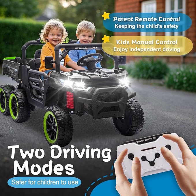 24V 2 Seater 4WD 6x6 Ride On Dump Truck with Remote Control, Ride on Toys for Big Kids with 20inch Seat, 3 Speeds, 4X100 Motors, Music, Ride on Truck for Toddler Boys Girls, Black