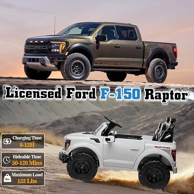 Licensed Ford F-150 Raptor 24V Ride on Toys for Boys & Girls, 2 Seater Kids Electric Car, Todder Ride on Car w/Remote Control, LED Lights, Bluetooth Music, Truck Bed Storage(24V, White)